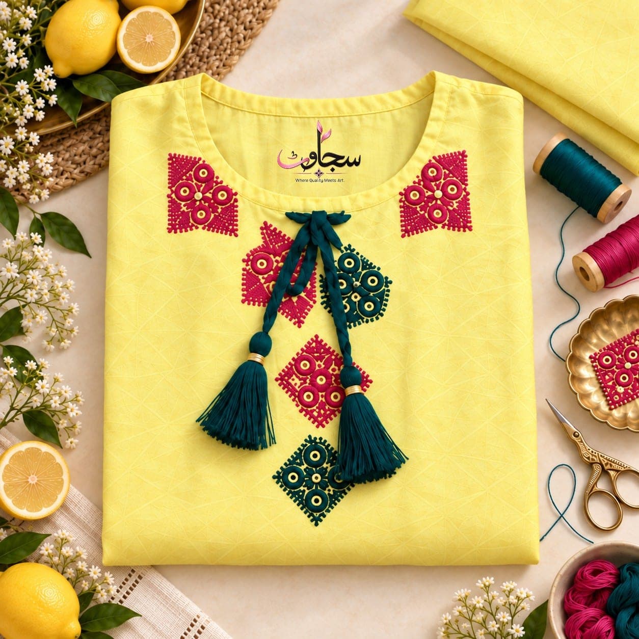 Lemon Yellow Embellished Two-Piece Suitss, detail 2 of 7