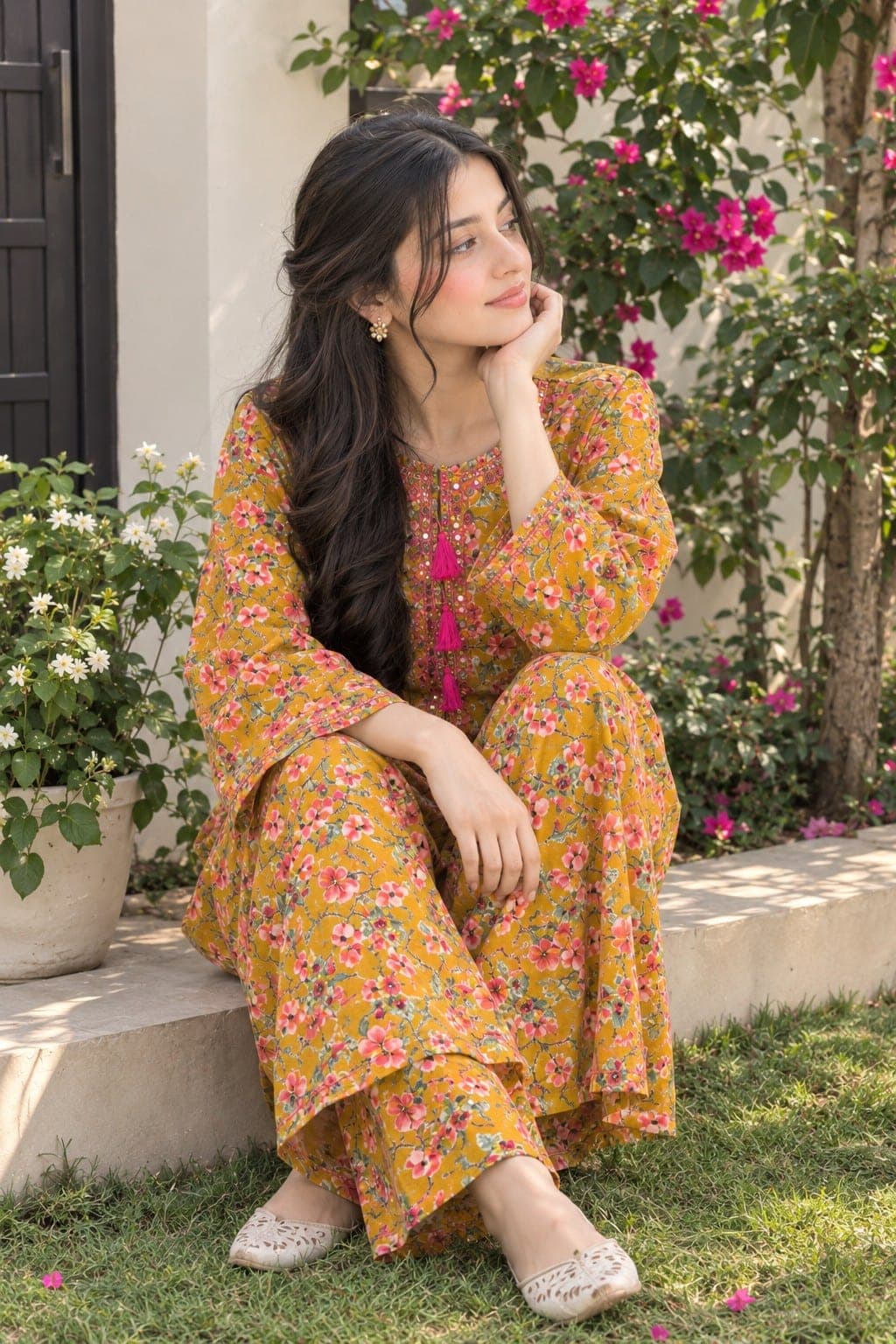 Mustard Floral Printed Two-Piece Suit, detail 4 of 4