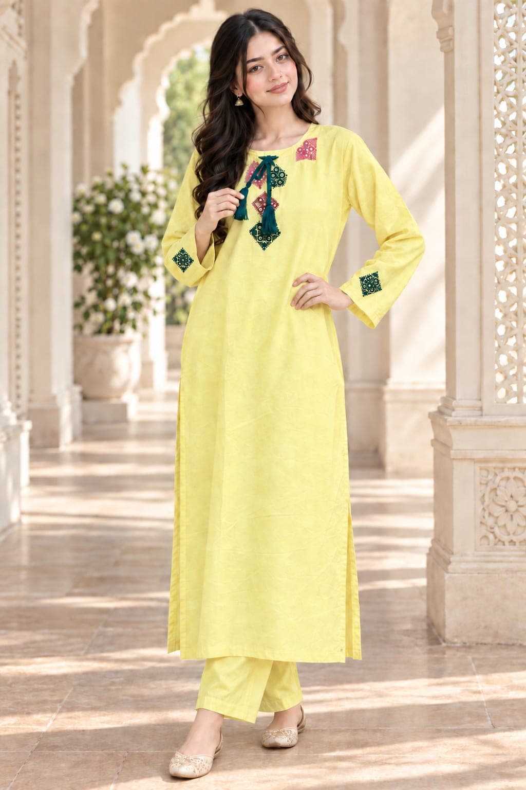 Lemon Yellow Embellished Two-Piece Suitss
