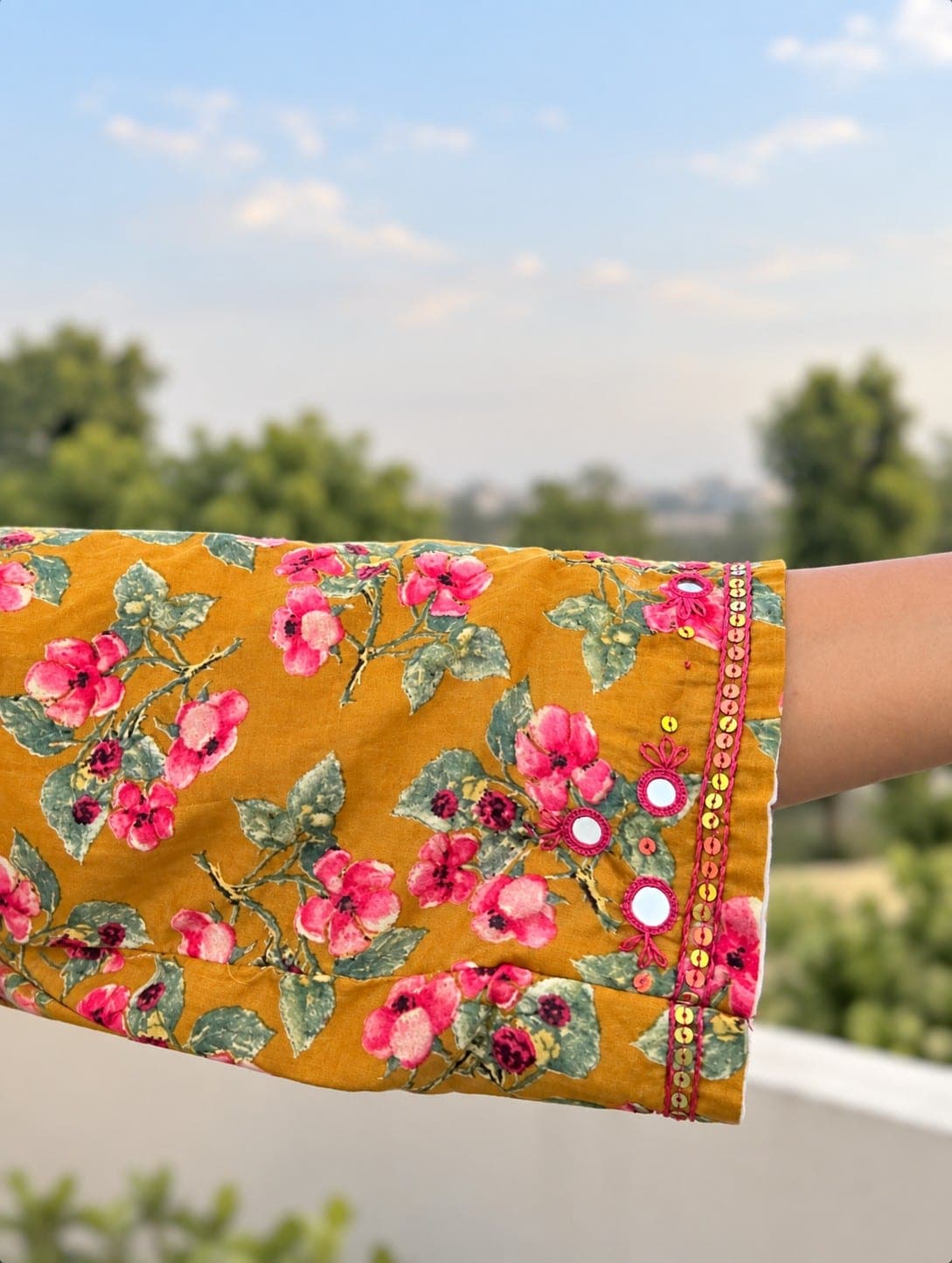 Mustard Floral Printed Two-Piece Suit, detail 2 of 4