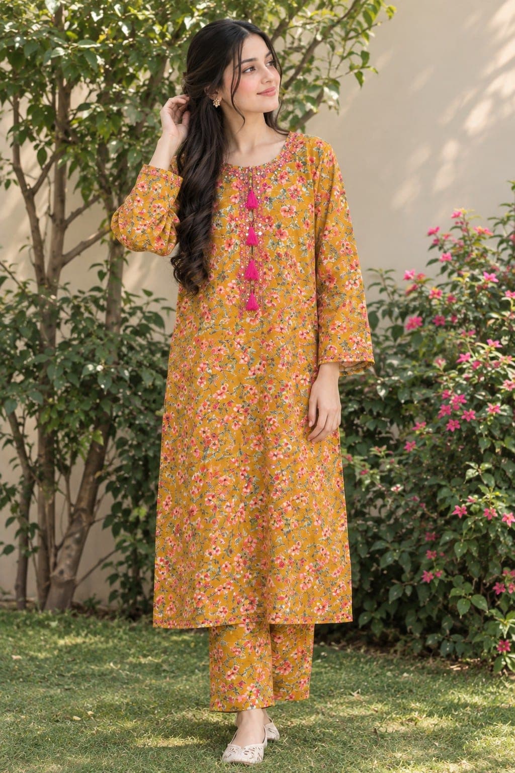 Mustard Floral Printed Two-Piece Suit, detail 3 of 4