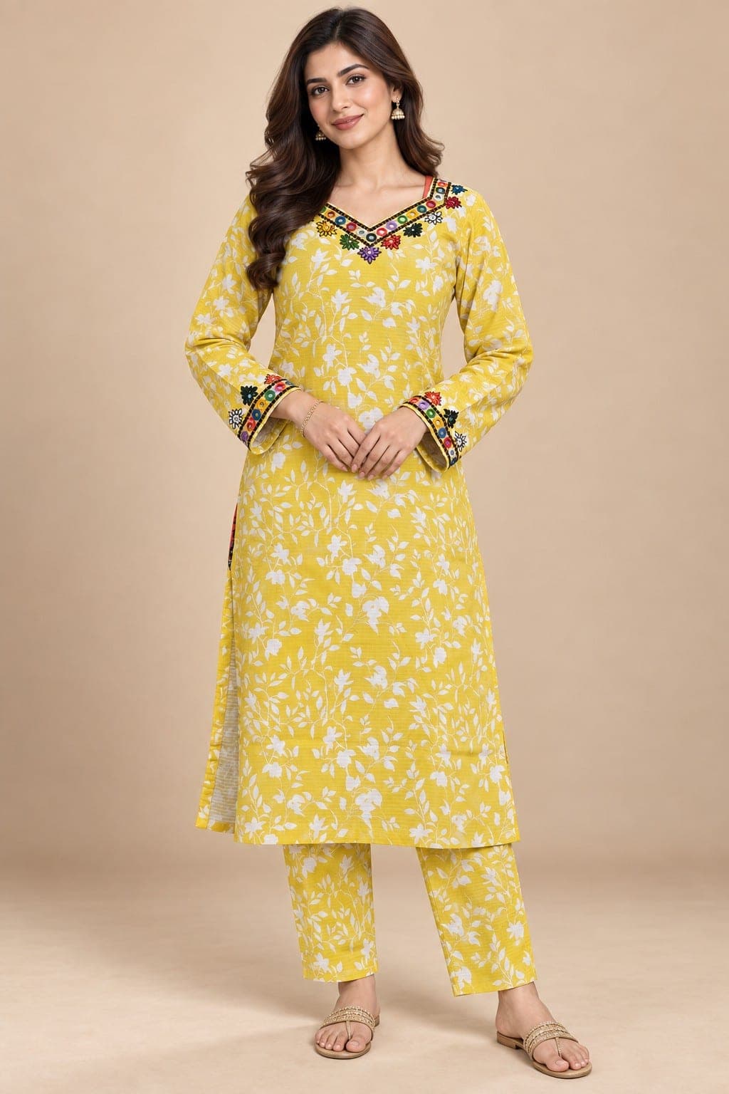 Yellow Floral Printed Two-Piece Suit