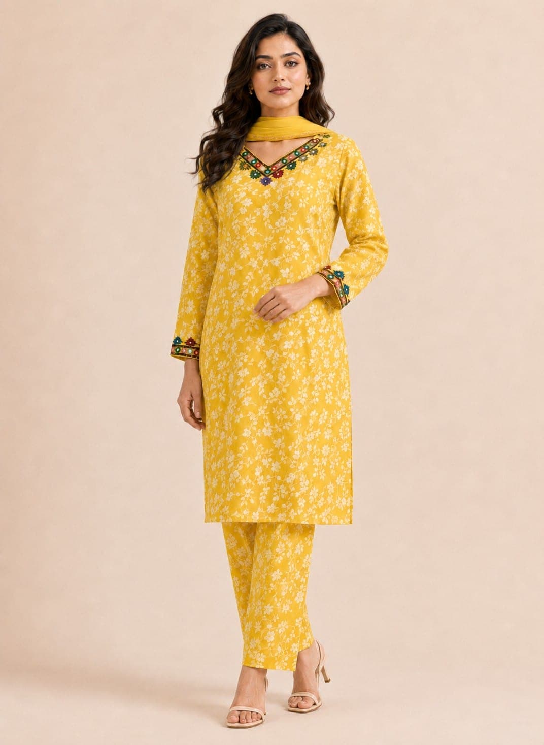 Yellow Floral Printed Two-Piece Suit, detail 4 of 7