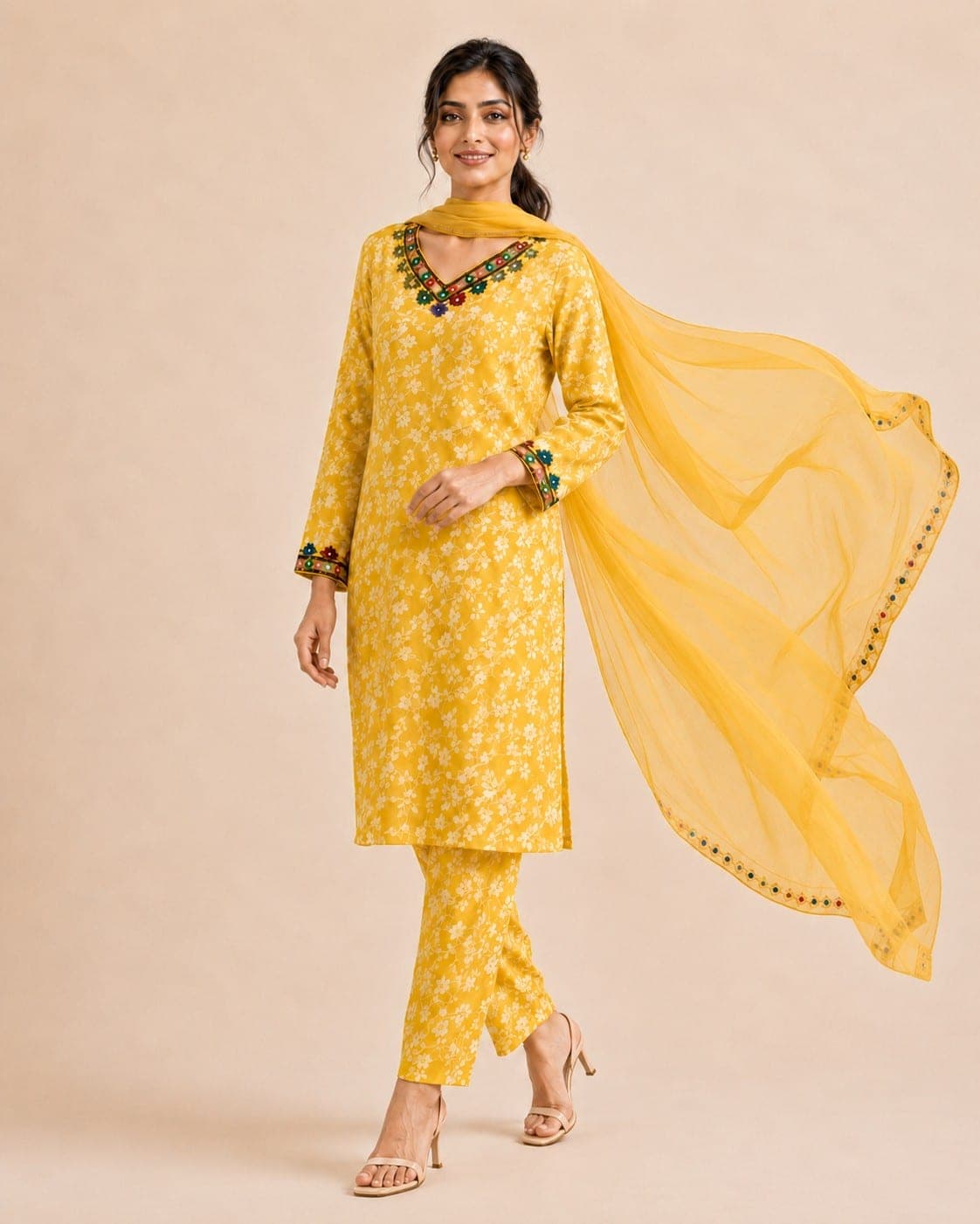 Yellow Floral Printed Two-Piece Suit, detail 5 of 7