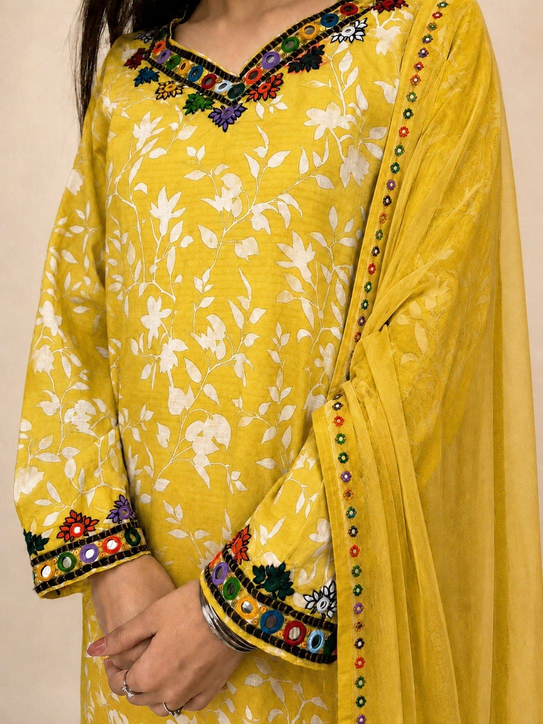 Yellow Floral Printed Two-Piece Suit, detail 1 of 7
