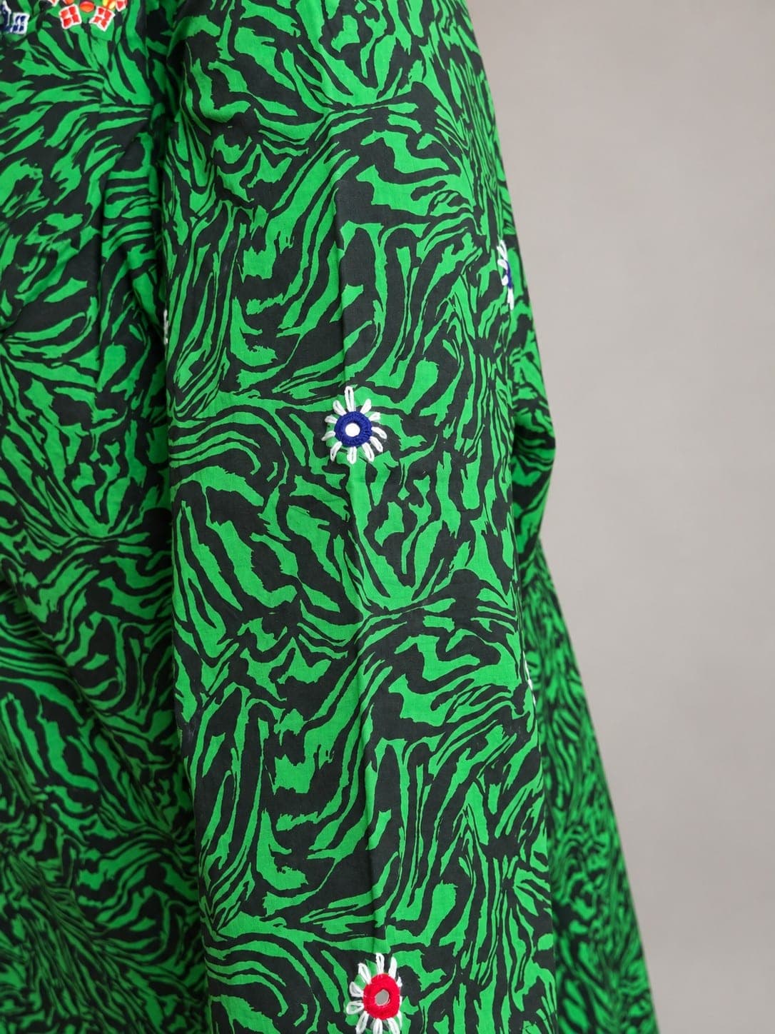 Green & Black Printed Kurti with Sindhi Embroidery, detail 1 of 5