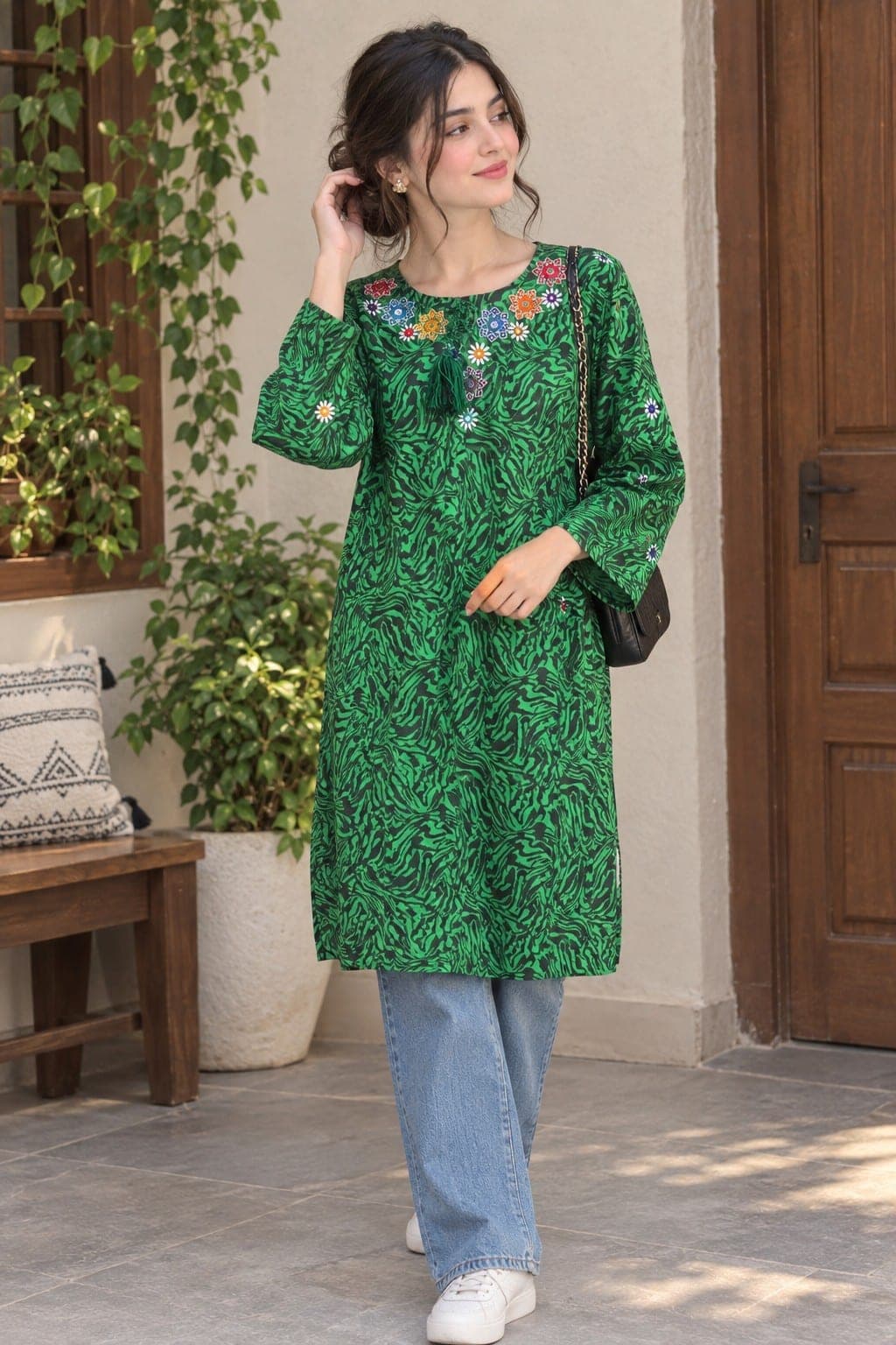 Green & Black Printed Kurti with Sindhi Embroidery, detail 5 of 5