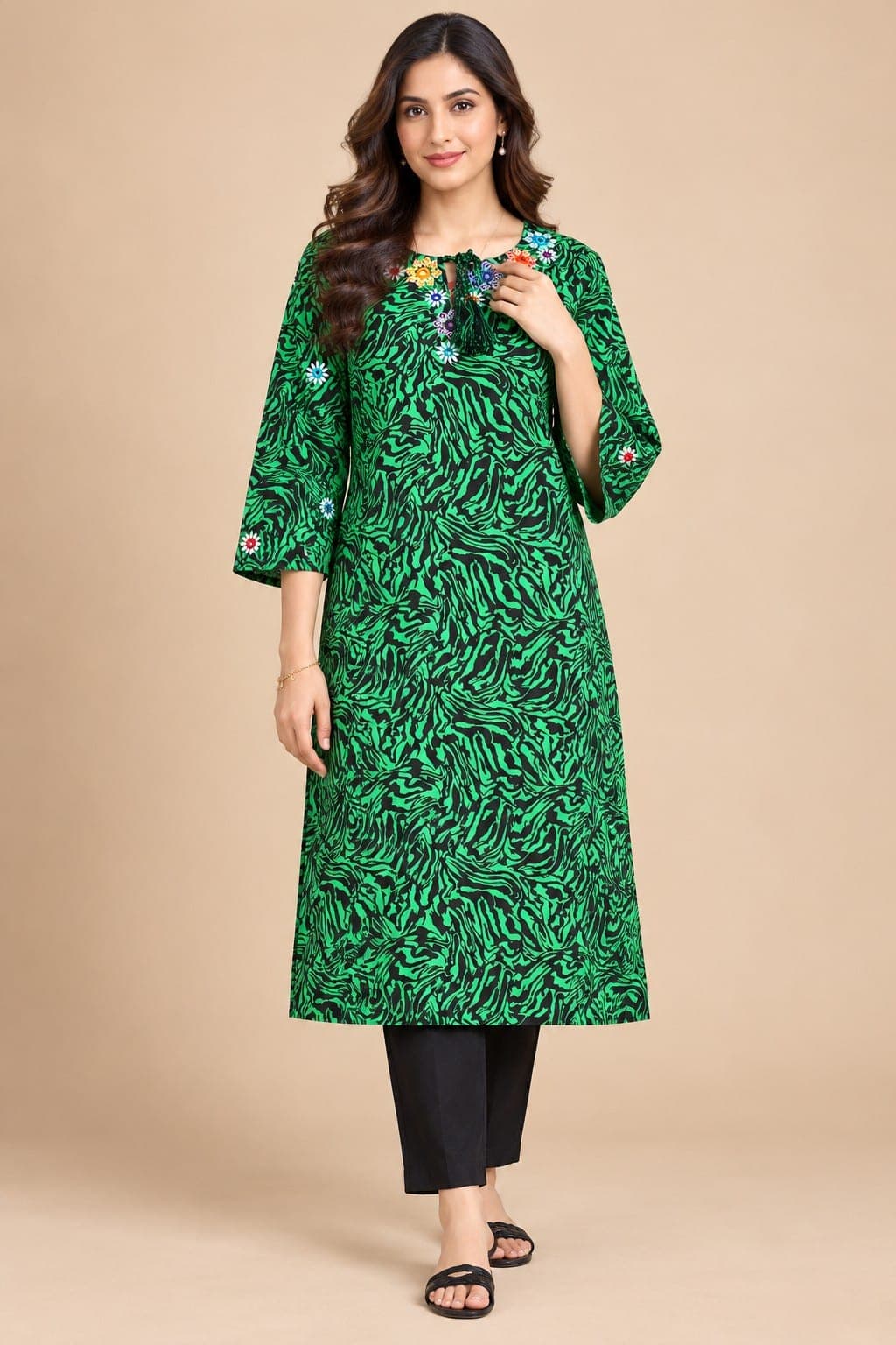 Green & Black Printed Kurti with Sindhi Embroidery
