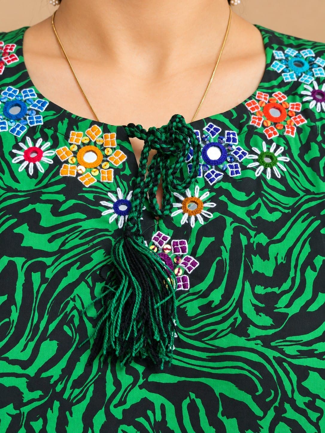 Green & Black Printed Kurti with Sindhi Embroidery, detail 3 of 5