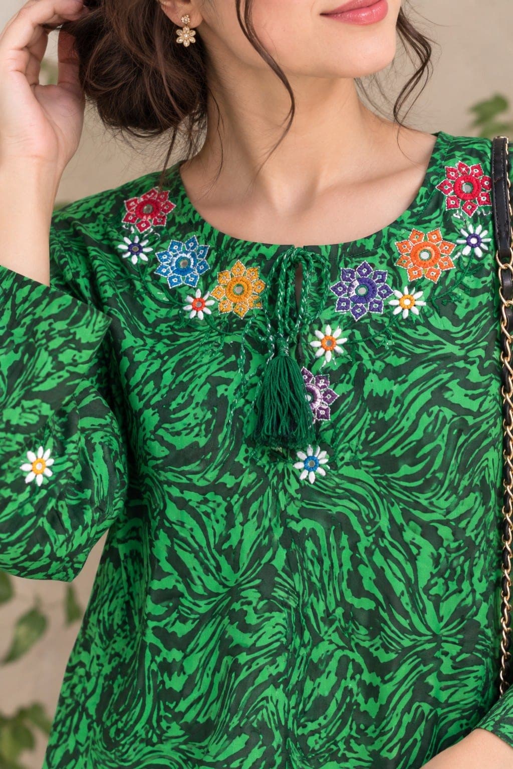 Green & Black Printed Kurti with Sindhi Embroidery, detail 4 of 5