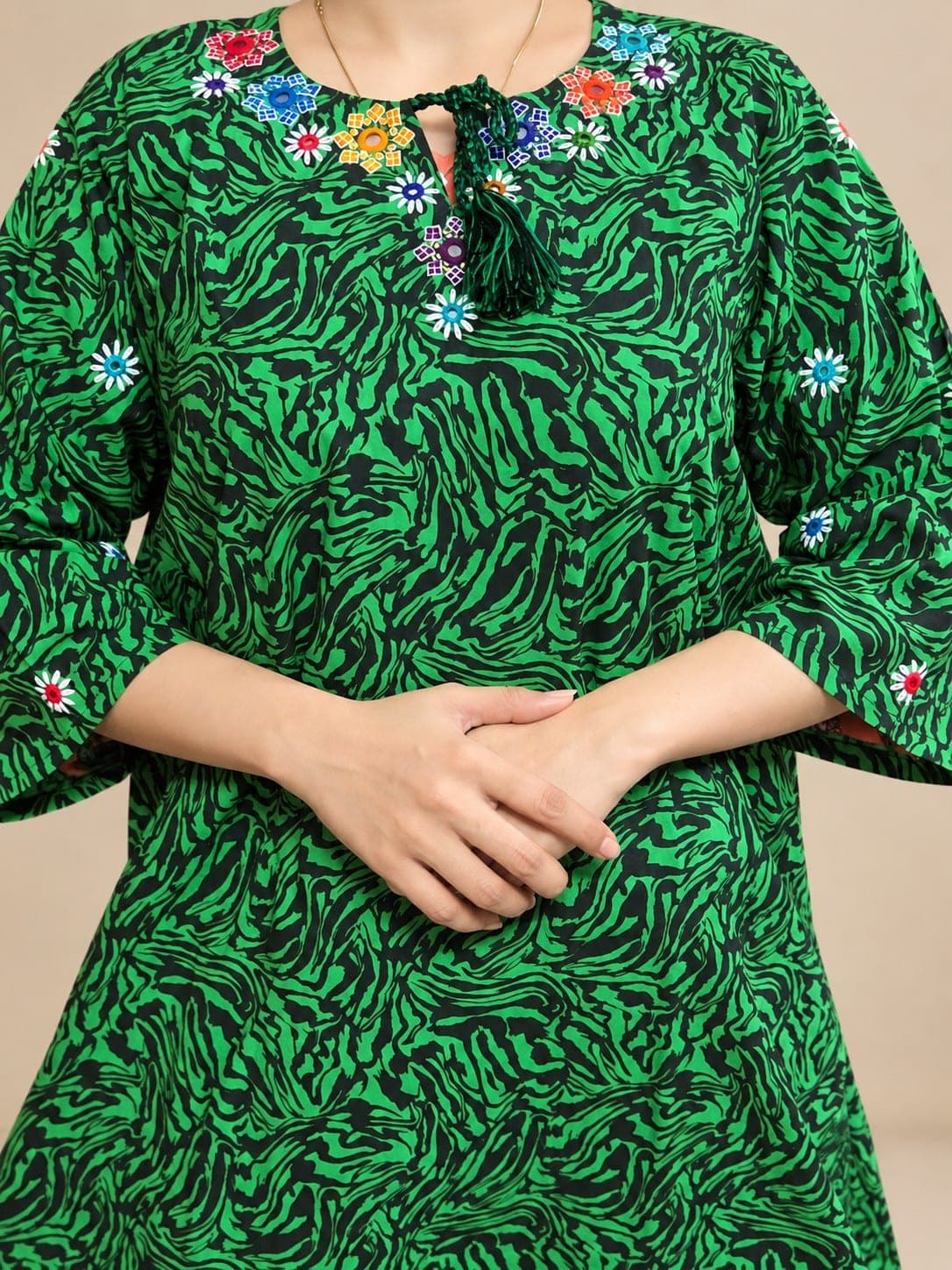 Green & Black Printed Kurti with Sindhi Embroidery, detail 2 of 5