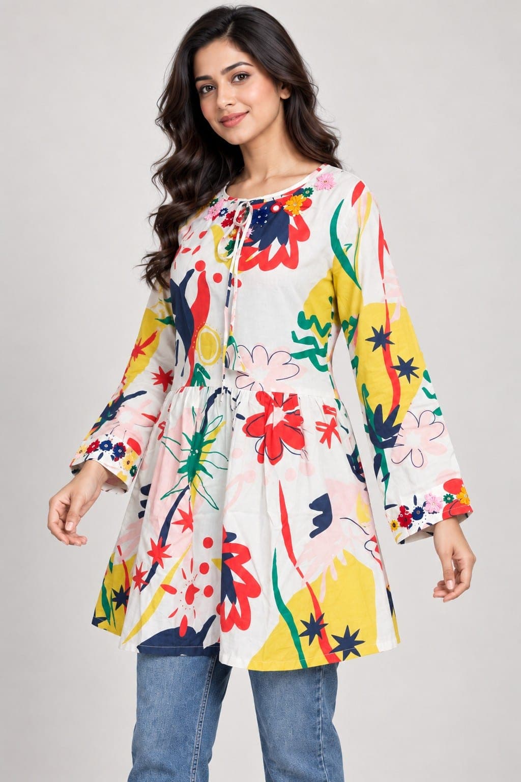 white Printed Frock with Sindhi Embroidery, detail 2 of 3