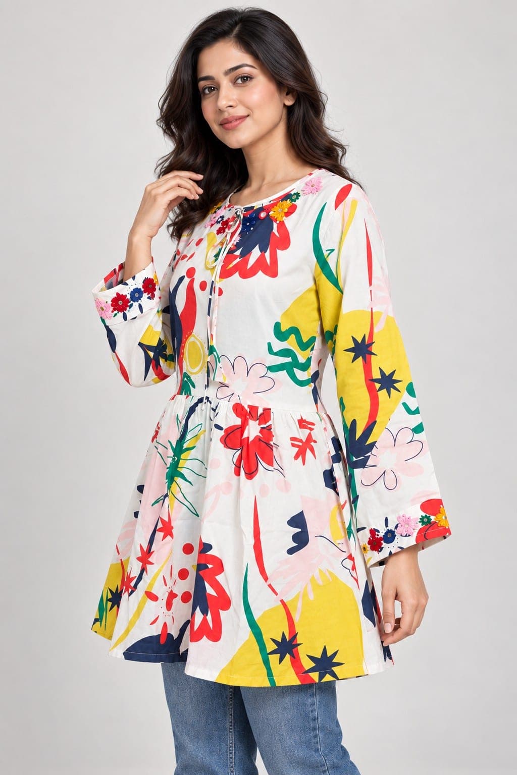 white Printed Frock with Sindhi Embroidery, detail 3 of 3