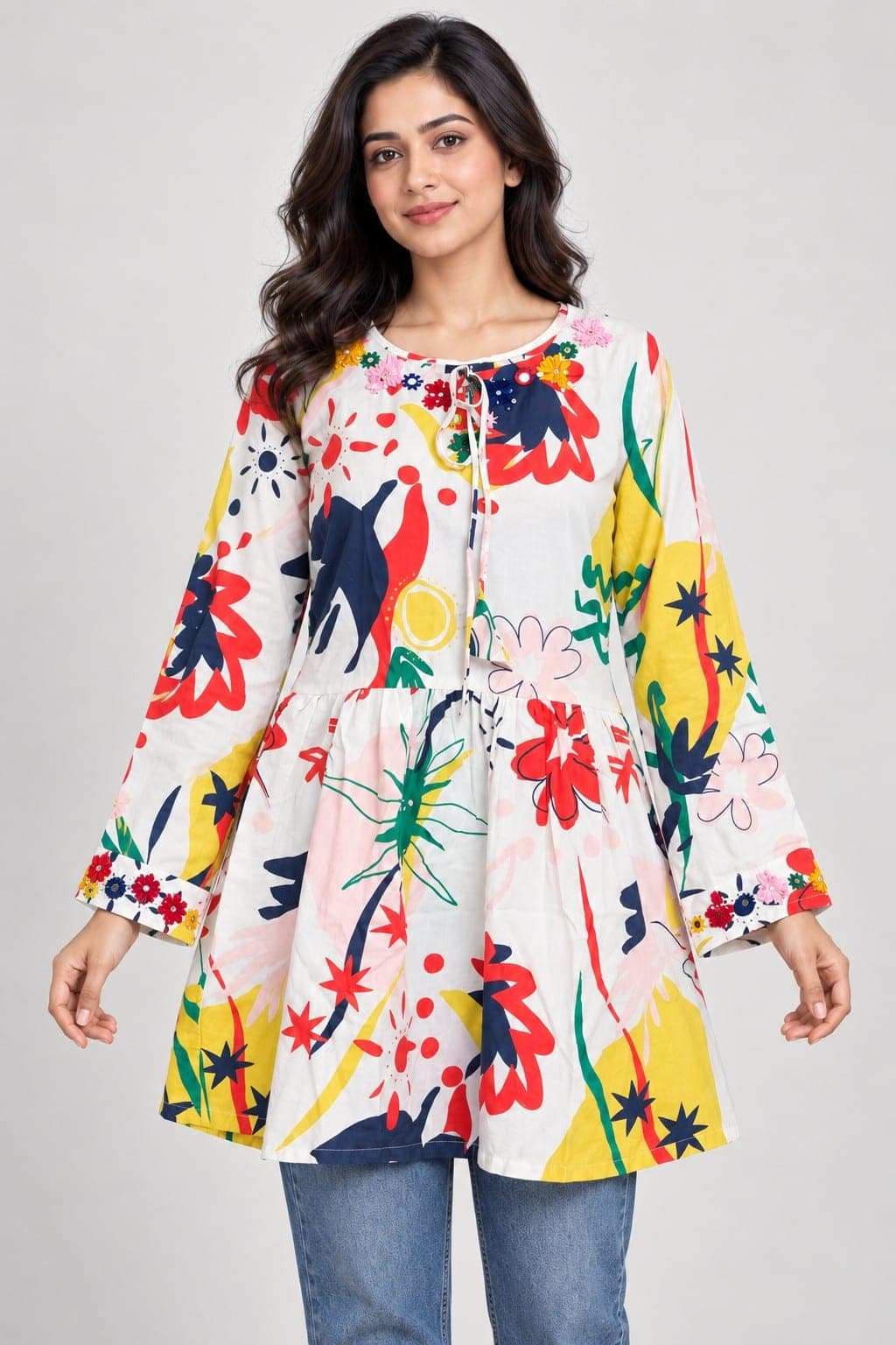 white Printed Frock with Sindhi Embroidery