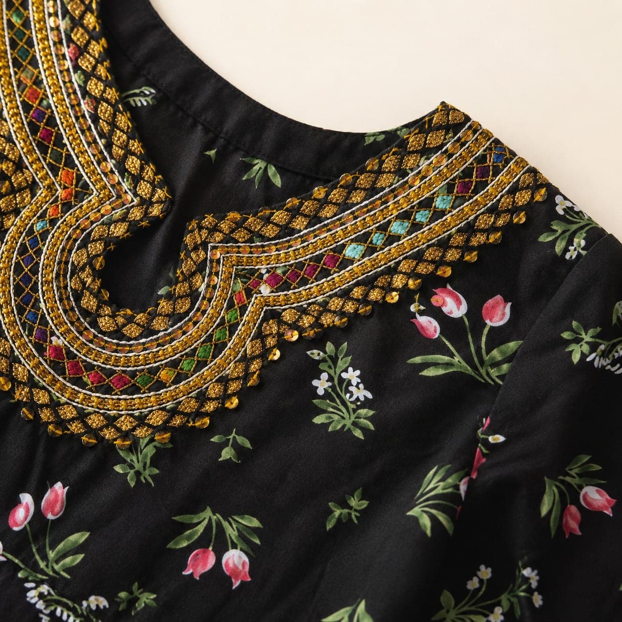 Black Floral Printed Flared Kurti, detail 2 of 6