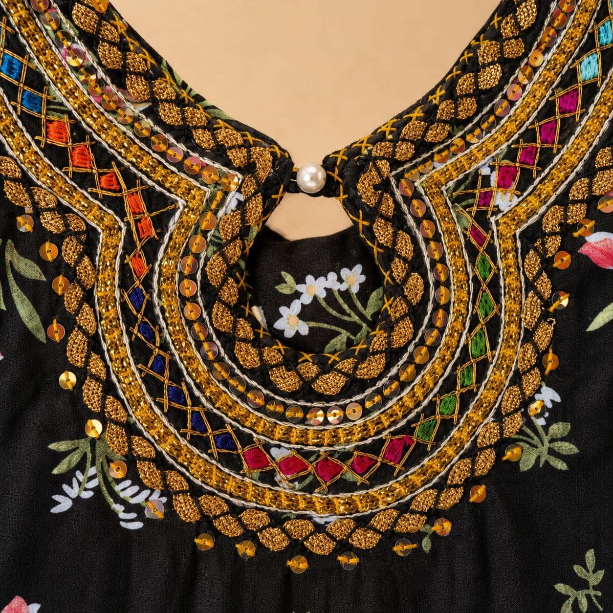 Black Floral Printed Flared Kurti, detail 3 of 6