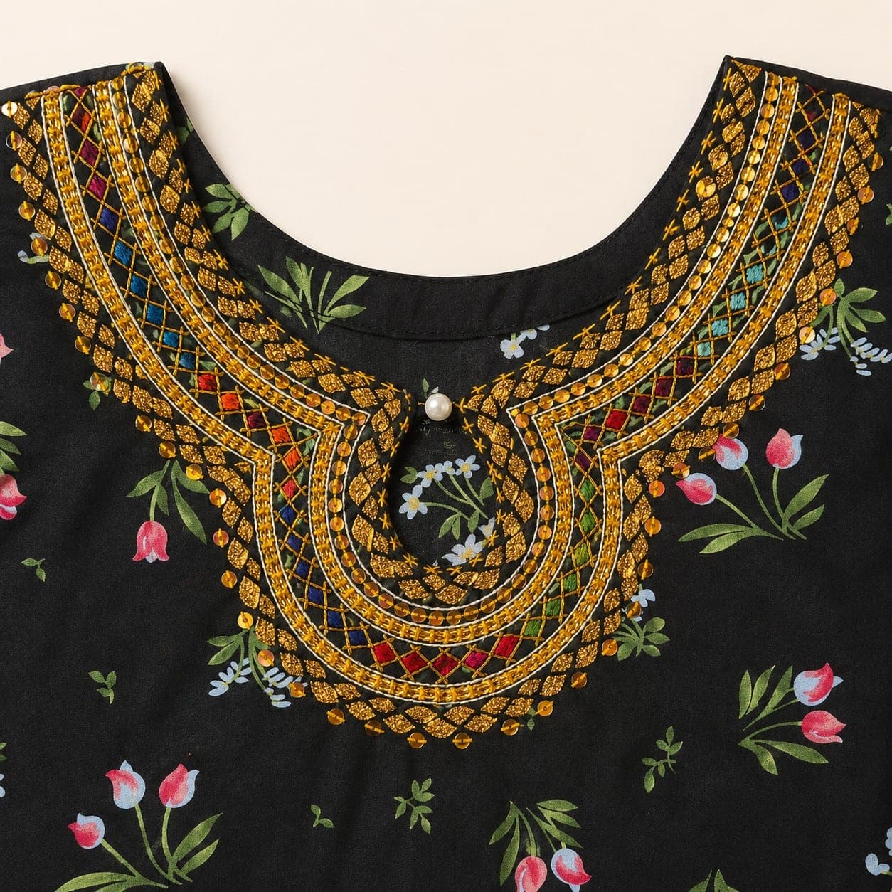 Black Floral Printed Flared Kurti, detail 1 of 6