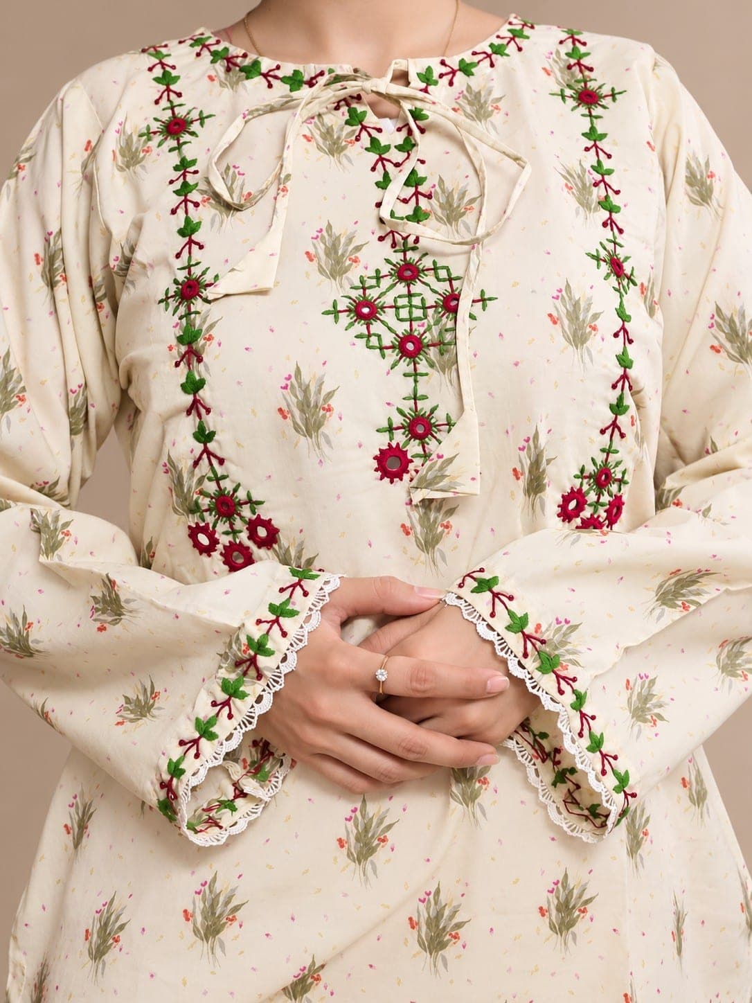 Cream Floral Embroidered Kurti for Women