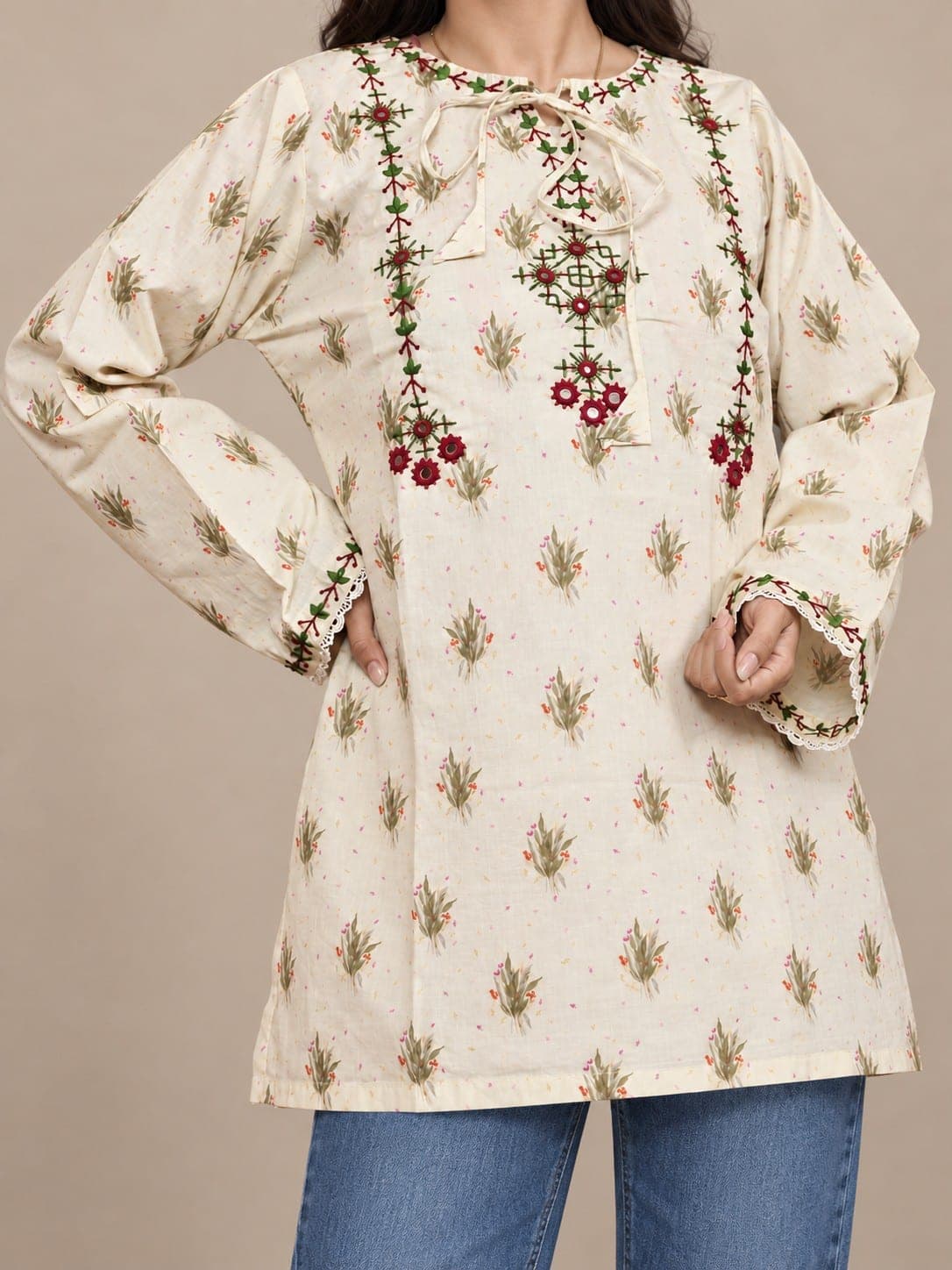 Cream Floral Embroidered Kurti for Women, detail 2 of 2