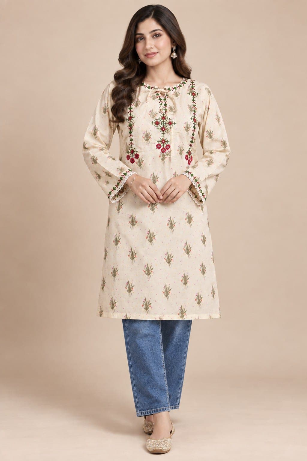Cream Floral Embroidered Kurti for Women, detail 1 of 2