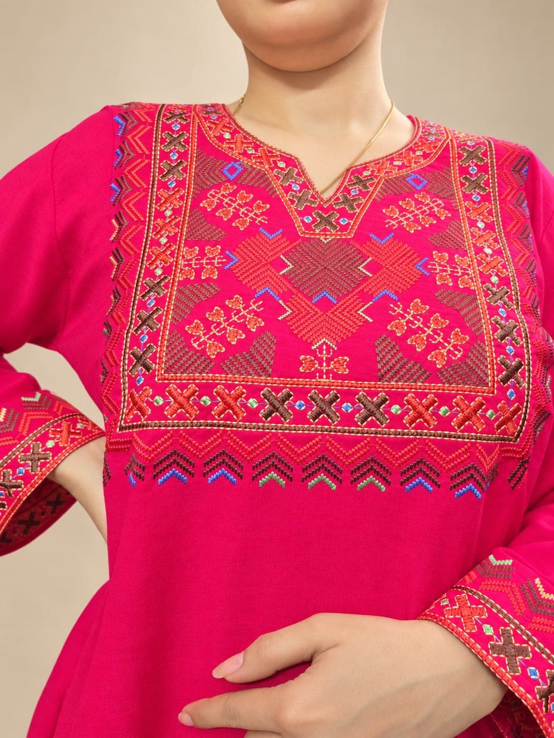 Women’s Embroidered Kurti – Pink, Teal & Dark Green, detail 1 of 2