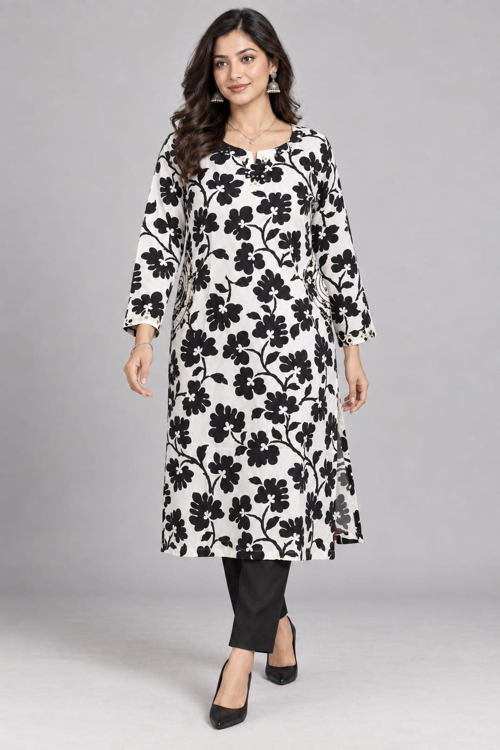 Black & White Floral Kurti with Embellished Pockets, detail 1 of 3