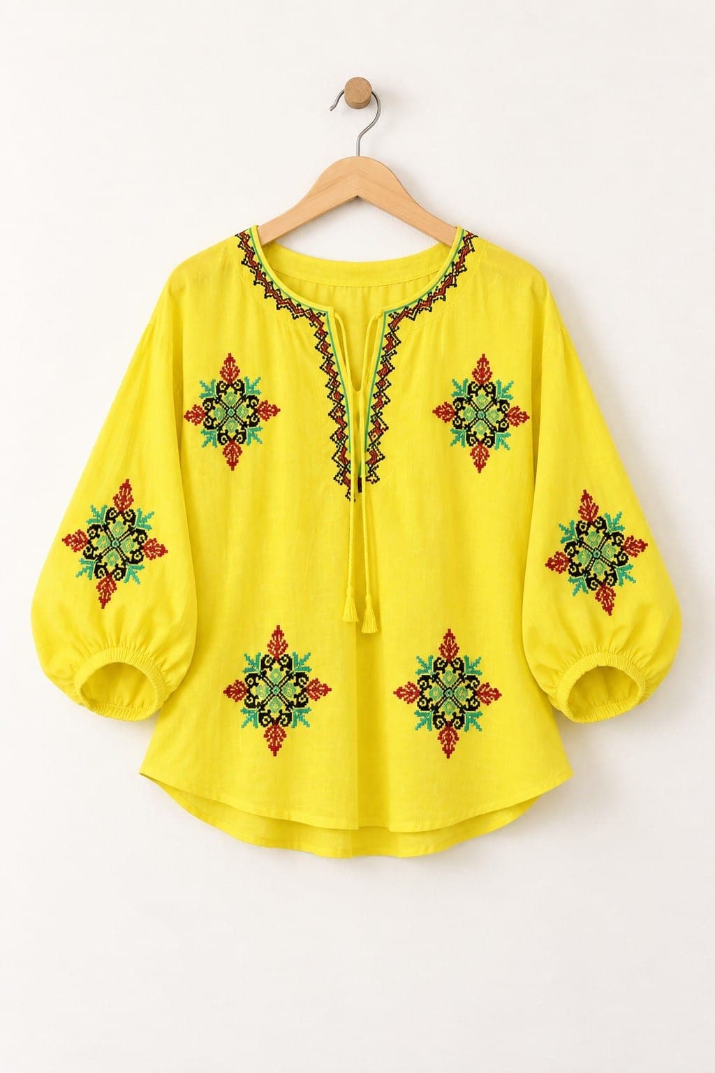 Women’s Yellow Embroidered Top with Tassel Neckline
