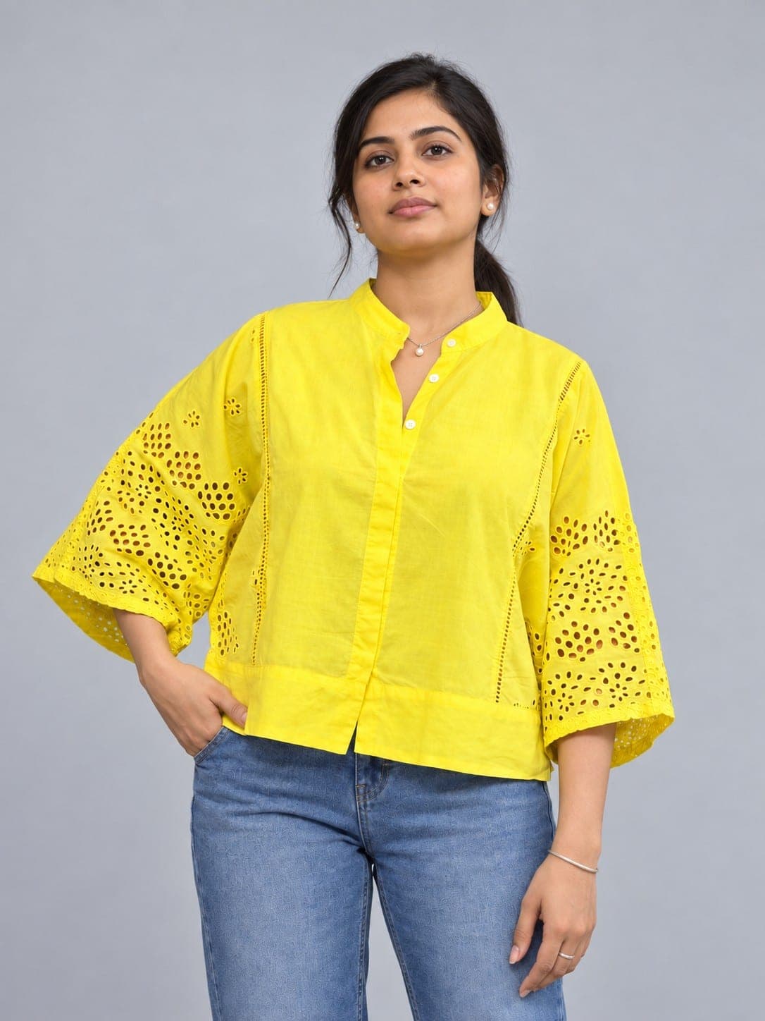 Women’s Yellow Eyelet Top with Embellished Back, detail 1 of 4