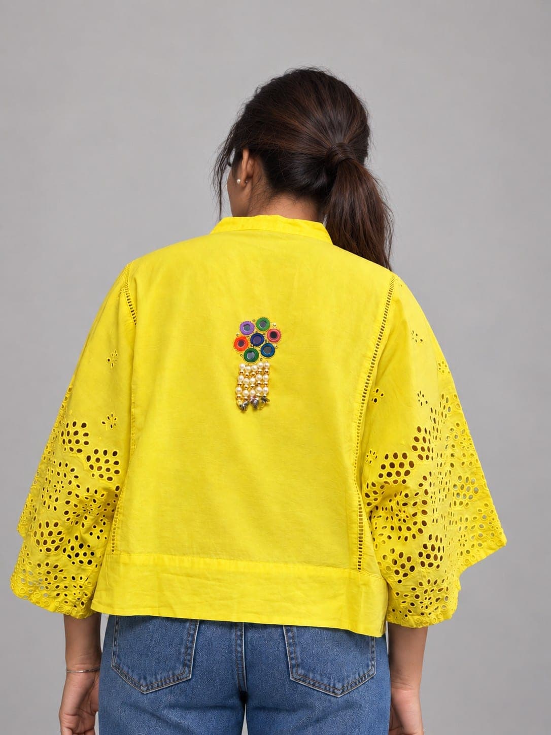 Women’s Yellow Eyelet Top with Embellished Back