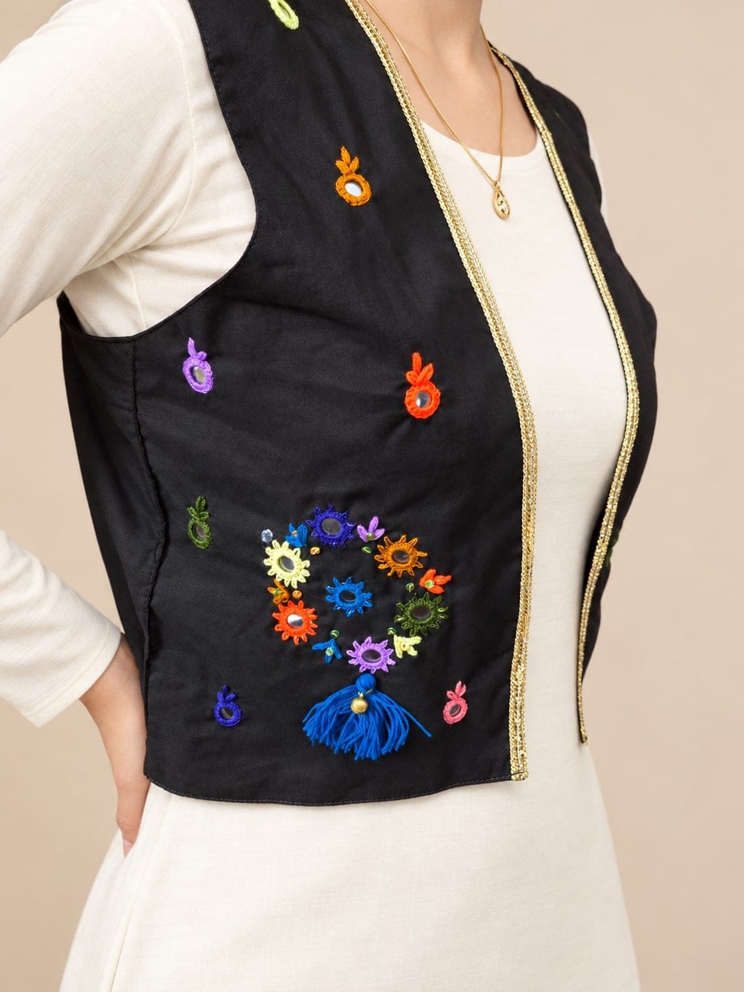 women’s Black Embroidered Waistcoat with Mirror Work, detail 2 of 2