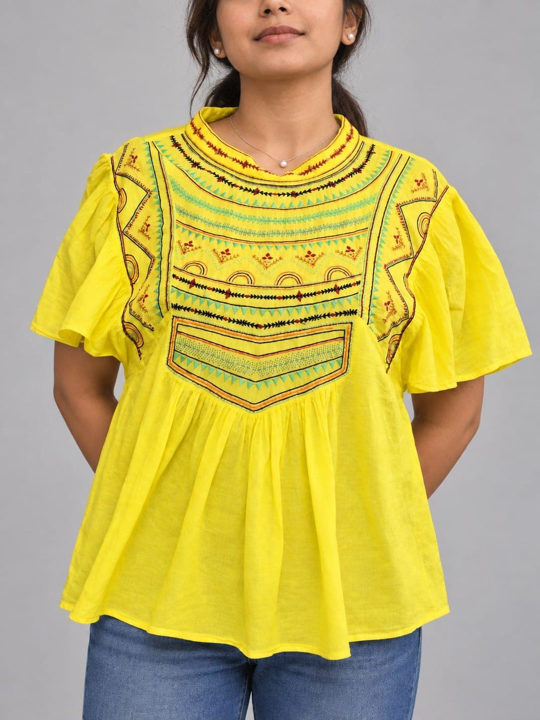 Women’s Yellow Peplum Top with Flutter Sleeves, detail 1 of 1