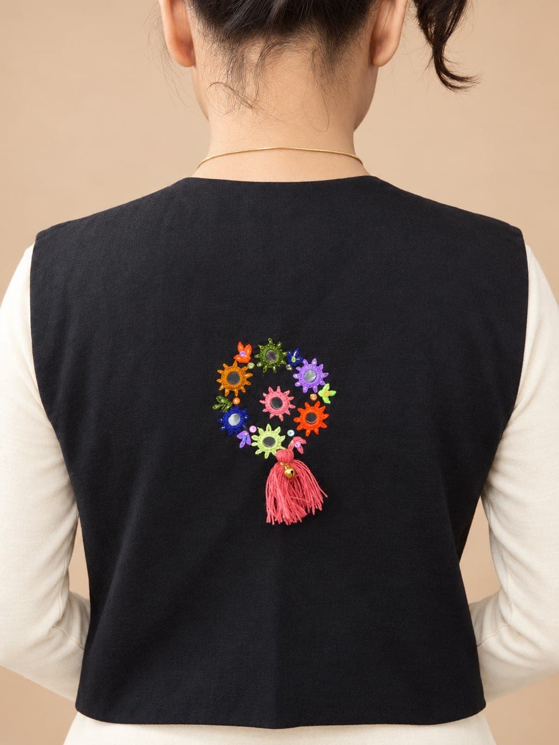 women’s Black Embroidered Waistcoat with Mirror Work, detail 1 of 2