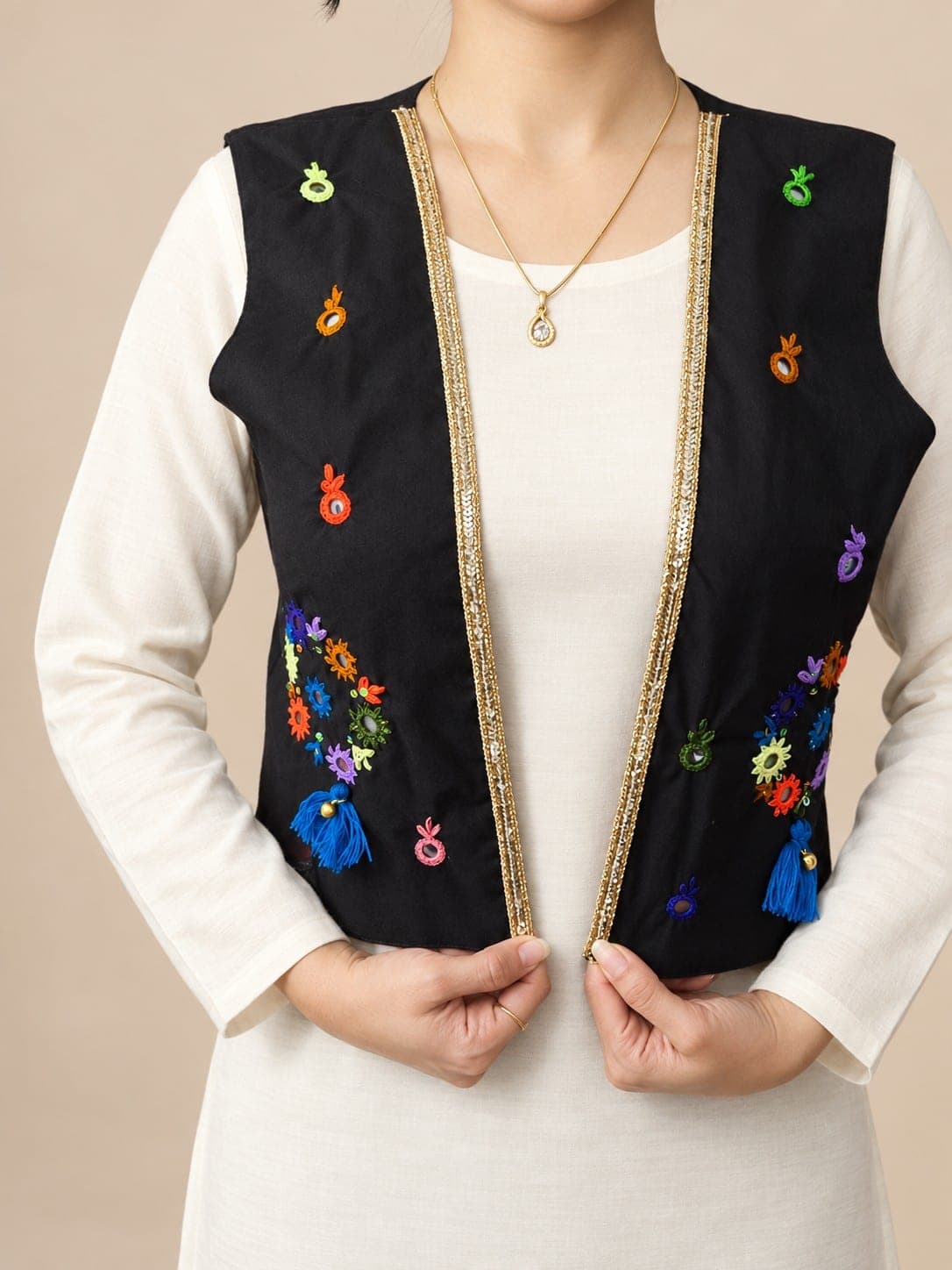 women’s Black Embroidered Waistcoat with Mirror Work