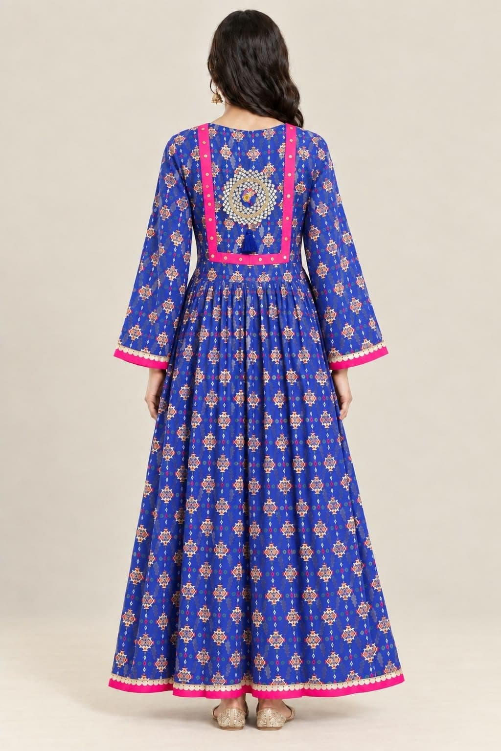 Women’s Royal Blue Printed Frock with Pink & Gold Trim, detail 2 of 2