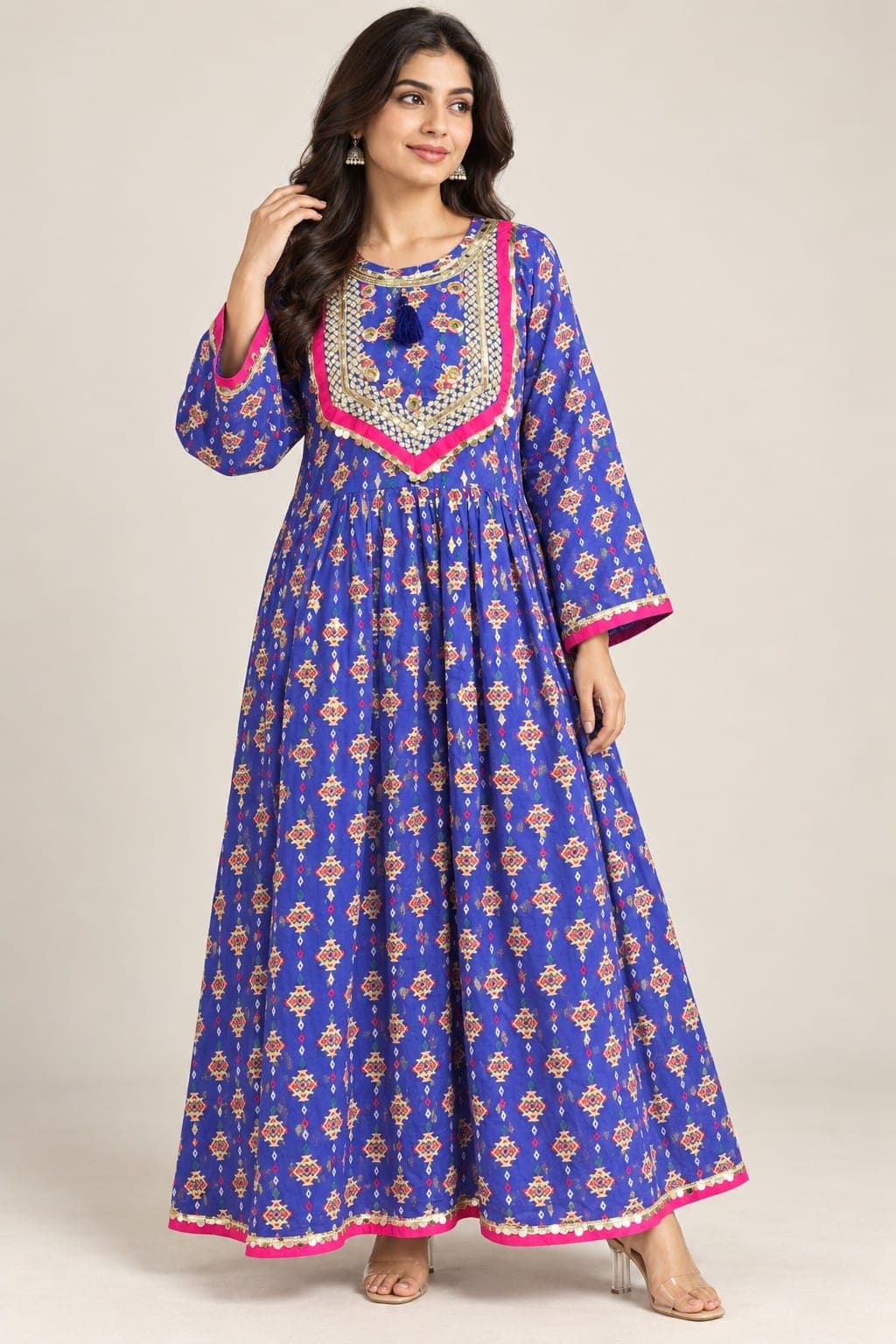 Women’s Royal Blue Printed Frock with Pink & Gold Trim, detail 1 of 2