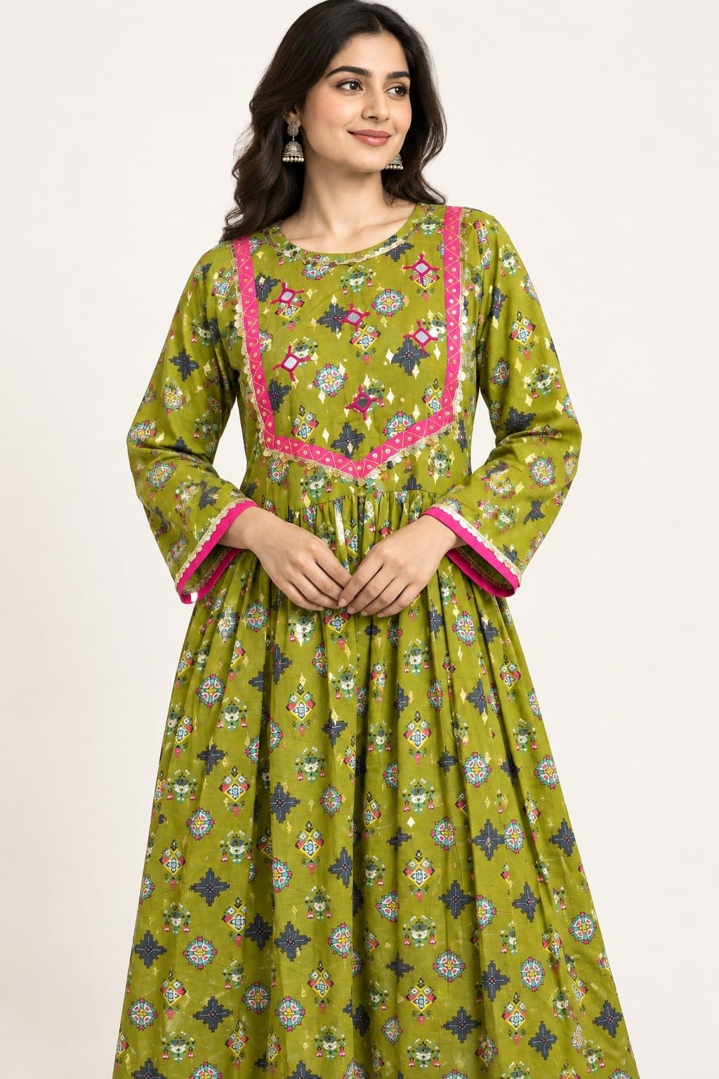 Women’s Green Printed Frock with Pink & Gold Trim, detail 1 of 1