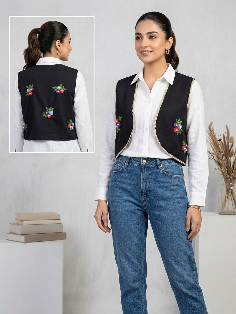 Women’s Black Floral Embroidered Waistcoat, detail 1 of 1